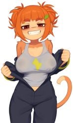 1girls big_breasts bloons_td_6 bloons_tower_defense blush brown_eyes brown_fur brown_hair fur looking_at_viewer partially_clothed presenting rosalia_(bloons_tower_defense) smile solo standing sweat tail taking_clothes_off yoako