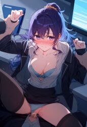 1boy 1girls ai_generated asahina_mafuyu big_breasts blush bra breasts breasts_out censored censored_penis censored_pussy cleavage cum female high_resolution highres legs legs_apart male mosaic_censoring open_shirt panties panties_aside penis project_sekai purple_eyes purple_hair pussy thigh_highs thighhighs thighs tits_out visible_underwear