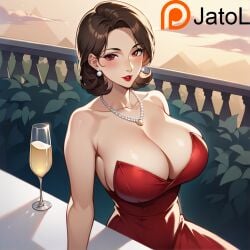 ai_generated alcohol alcoholic_drink big_breasts breasts_bigger_than_head dress giant_breasts glass huge_breasts jatol kayo_tohyama kayo_tomiyama mature_female milf mommy okyann persona persona_5 persona_5:_the_phantom_x red_dress rooftop tohyama_kayo tomiyama_kayo