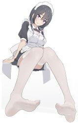 1girls 2d black_hair blush edakaradekiru eyebrows_visible_through_hair feet female female_only legs looking_at_viewer low-angle_view low_angle maid maid_headdress maid_uniform original original_character purple_eyes short_hair simple_background sitting soles solo thighs tights white_background white_tights