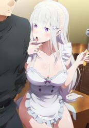 ai_generated big_breasts breasts elf elf_ears elf_female elf_girl emilia_(re:zero) highres huge_ass kissing large_breasts long_hair mosaic_censoring natsuki_subaru nipples nude_female purple_eyes re:zero_kara_hajimeru_isekai_seikatsu sex tbaanime tongue white_hair