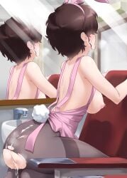 after_sex after_vaginal ahe_gao akiyama_yoshiko anus apron ass blush breasts breasts_out cleavage cum cum_drip cum_in_pussy cum_on_clothes female girls_und_panzer kuzuryuu_kennosuke large_breasts mature_female milf nipples no_bra open_mouth pantyhose rabbit_ears rabbit_tail short_hair solo sweat tongue_out torn_pantyhose