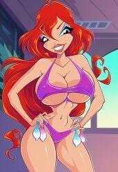 1girls 4kids_entertainment ai_generated bloom_(winx_club) cameltoe eyeshadow female female_only full_condom hands_on_hips huge_breasts looking_at_viewer nickelodeon panties rainbow_(animation_studio) smile solo sports_bra used_condom_tied_on_underwear used_condoms winx_club zfivefan