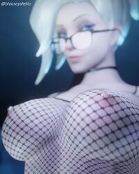 blonde_hair bloosayshello breast_focus dr._ziegler fishnets glasses mercy nipple_piercing nipples overwatch overwatch_2