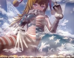 bigger_female bigger_than_mountain blonde_hair clownpiece giantess giantess_growth giga_giantess looking_at_viewer looking_down low_perspective macro_female micro_perspective serasphere skintight skintight_bodysuit touhou touhou_project