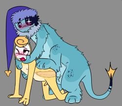 2boys anal anthro astro_(dandy's_world) belly_bulge big_penis centaur dandy's_world dandys_world fur furry gay glisten_(dandy's_world) half_lion holding_face inside_view leotaur lion makeup shitkinker1 skinny small_penis spiked_penis twink