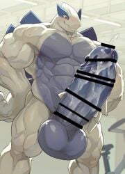 abs absurd_res anthro balls blue_body blue_penis blue_scales blush bodily_fluids cum cum_covered_penis foreskin generation_2_pokemon genital_fluids genitals gym hi_res legendary_pokemon lugia male muscular muscular_legs muscular_male nintendo pecs penis pokemon pokemon_(species) retracted_foreskin scales solo standing tos_tos_f_ski white_body white_scales