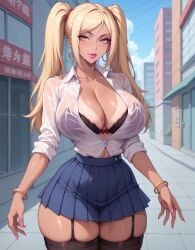 1girls ai_generated bimbo bimbo_body blonde_hair button_down_shirt huge_breasts huge_thighs leg_stockings legwear lewdwaifulaifu looking_at_viewer plump_thighs school_uniform see-through_top skirt slim_waist tanline tanlines thick_thighs thighs twintails wet_clothes wide_hips yellow_eyes