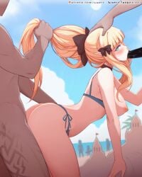 1girl 2boys animated ass beach beach_sex bikini blonde_hair blowjob blue_eyes bouncing_breasts breasts breasts_out clothed_female clothed_female_nude_male clothed_penetration clothed_sex cygames elf_ears elf_female female gif hair_grab heavenly_ass leaning_forward medium_breasts penis princess_connect! princess_connect!_re:dive saren_(princess_connect!) saren_(summer)_(princess_connect!) sex spitroast thighs threesome vaginal vaginal_penetration vaginal_sex waero