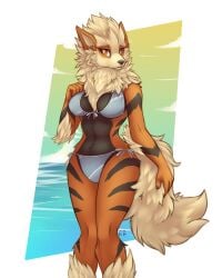 1girls anthro arcanine bikini black_stripes blue_bikini blue_swimsuit breasts eternity-zinogre large_breasts looking_at_viewer midriff navel nintendo orange_eyes orange_fur pokemon pokemon_(species) side-tie_bikini side-tie_swimsuit swimsuit wolf wolf_ears wolf_girl wolf_tail