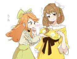 2girls bow braid braided_ponytail breast_envy breasts dress etie_(fire_emblem) female female_only fire_emblem fire_emblem_engage goldmary_(fire_emblem) grabbing grabbing_another's_breast green_bow green_eyes highres large_breasts low_ponytail multiple_girls nendo23 nintendo orange_hair ribbon white_ribbon yellow_dress yellow_eyes yuri