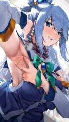 1girls 2d aqua_(konosuba) armpits arms_up blue_eyes blue_hair blush clothed clothed_female eyebrows_visible_through_hair female female_only hair_between_eyes kono_subarashii_sekai_ni_shukufuku_wo! long_hair nonohachi simple_background sleeves smile solo spreading_armpit sweat sweatdrop white_background