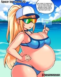 1girls beach belly big_belly big_breasts bikini blonde_hair breasts cleavage dialogue female gigantic_breasts green-tinted_eyewear hat huge_belly metroid nintendo orange-tinted_eyewear pregnancy_progression pregnant red-tinted_eyewear samus_aran solo solo_female sunglasses swimsuit text thatguyusojin tinted_eyewear yellow-tinted_eyewear