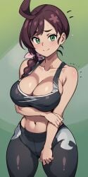 1girls ai_generated artist_request big_breasts black_clothing blush breasts chloe_(pokemon) cleavage collarbone female green_eyes gym_uniform leggings looking_at_viewer pokemon shy solo sports_bra