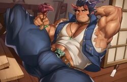 1boy abs bara biceps big_bulge bodybuilder bulge hunk male male_focus male_only muscle muscles muscular muscular_arms muscular_legs muscular_male muscular_thighs pecs ruisselait solo takemaru_(tokyo_afterschool_summoners)