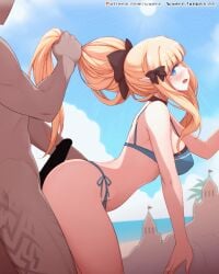 1boy 1girls animated ass beach bikini blonde_hair blue_eyes blushing bouncing_breasts breasts cygames elf_ears elf_female female gif hair_grab heavenly_ass leaning_forward medium_breasts penis princess_connect! princess_connect!_re:dive saren_(princess_connect!) saren_(summer)_(princess_connect!) thighs waero