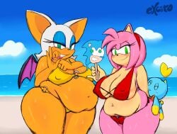 2girls amy_rose bbw beach bikini chao_(sonic) cheese_the_chao chubby excito female looking_at_viewer outdoors overweight overweight_female popsicle rouge_the_bat sonic_(series) swimsuit wings