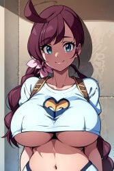 1girls ai_generated backpack belly_button big_breasts blue_eyes braid breasts brown_hair chloe_(pokemon) collarbone cropped_shirt female huge_breasts looking_at_viewer navel pokemon ryuzam solo tied_hair underboob