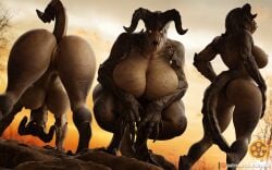 3d_(artwork) anthro ass big_breasts big_butt breasts brown_body crouching deathclaw digital_media_(artwork) fallout female female_deathclaw genitals hands_on_hips hi_res looking_at_viewer looking_through looking_through_legs microsoft nipples nude pussy scalie sfrogue thick_thighs wide_hips