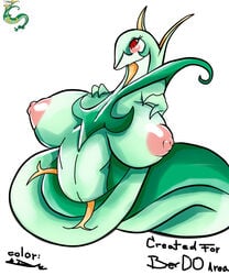 1girls anthro areolae belly ber00 big_breasts blush breasts eyelashes female female_only furry grass green green_skin huge_breasts looking_at_viewer nintendo nipples no_humans nude pokemon pokemon_bw pokephilia red_eyes scalie serperior solo sweat tail text yui_takimichi