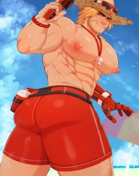 1boy ass ass_focus bara beard blizzard_entertainment blonde_hair brown_hair clothing cole_cassidy lifeguard_cassidy male male_nipples male_only manly mature_male muscular_male nipples overwatch overwatch_2 rapbitan