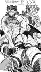 2boys abs alternate_costume arm_hair ass back bara bare_pectorals beard blush bulge chest_hair claw_(weapon) clenched_hand couple deadpool deadpool_&_wolverine_(2024) demon_tail demon_wings dishing erection erection_under_clothes facial_hair full-face_blush gay hairy james_howlett large_pectorals logan_(x-men) lying_on_person male/male male_focus male_only marvel marvel_cinematic_universe monochrome multiple_boys muscular muscular_male navel open_mouth pectorals revealing_clothes short_hair tail teeth thighhighs thighs translation_request underpec veins veiny_arms wade_wilson weapon wings wolverine_(x-men) x-men yaoi