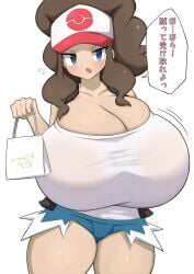 alternate_breast_size bag baseball_cap big_breasts blue_eyes breasts breasts_bigger_than_head breasts_bigger_than_torso brown_hair curly_hair denim denim_shorts dialogue female game_freak hat high_ponytail highres hilda_(pokemon) holding_bag holding_object huge_breasts jaga334 japanese_text long_hair nintendo pokemon pokemon_bw shirt short_shorts shorts shoulder_bag sidelocks simple_background sleeveless sleeveless_shirt solo speech_bubble tank_top text white_background white_shirt