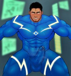 1boy abs bara blush bulge erection facial_hair male male_only muscle pecs penis restrained solo toto_(artist)