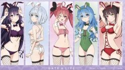 armpits ass back bare_arms bare_belly bare_shoulders belly_button black_hair blue_eyes blue_hair blush breasts bunny_ears date_a_live fishnets green_swimsuit heterochromia itsuka_kotori long_hair mouth_closed official_art one-piece_swimsuit one_eye_closed open_mouth ponytails purple_eyes purple_hair purple_swimsuit red_eyes red_swimsuit short_hair small_breasts smile swimsuit thighs tobiichi_origami tokisaki_kurumi white_hair white_swimsuit yatogami_tohka yoshino_(date_a_live) yoshinon