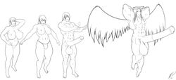 1boy 1girls angel animal_genitalia arm_behind_head arms_behind_head balls barefoot bulge choker dazed erection female floating ftm_transformation futanari gem hair_ornament horsecock hyper hyper_balls hyper_penis intersex large_breasts male merle_(kessiak) monochrome morbo22 muscular original penis penis_growth rule_63 solo surprised thong transformation wings