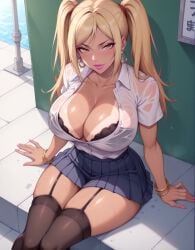 1girls ai_generated blonde_hair button_down_shirt huge_breasts leg_stockings legwear lewdwaifulaifu looking_at_viewer looking_up school_uniform see-through_top sitting skirt slim_waist thick_thighs thighs twintails wet_clothes yellow_eyes