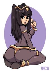 1girls anklet ass back bangle bangs big_ass black_eyes black_hair blunt_bangs bodystocking bodysuit bracelet bridal_gauntlets dat_ass eyelashes female female_only fire_emblem fire_emblem_awakening kneeling long_hair looking_at_viewer looking_back mrsteak open_mouth ring shoes sideboob solo stockings tharja_(fire_emblem) thick_eyebrows thick_thighs thighs tiara