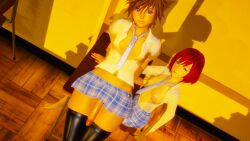 1boy 1girls 3d bisexual blue_eyes brown_hair crossdressing desk femboy half-dressed honey_select_2 kairi kingdom_hearts penis_out red_hair roseza school_uniform smiling_at_viewer sora sora_(kingdom_hearts)