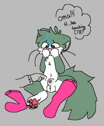 absurd_res animal_genitalia anthro balls big_tail blush bodily_fluids choclattemilk claws clothing colored disembodied_hand duo front_view fur genital_fluids genitals green_body green_fur grey_background hand_on_face hi_res knee_highs legwear looking_down male male/male mammal navel nervous offscreen_character offscreen_male pawpads paws penis pink_clothing pink_legwear pink_thigh_highs precum sheath shy simple_background sitting tail text thigh_highs thought_bubble toe_claws touching_penis whiskers