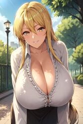 ai_generated black_skirt blonde_hair cleavage day highschool_of_the_dead huge_breasts long_hair park ribbon shizuka_marikawa skirt smile white_shirt yellow_eyes