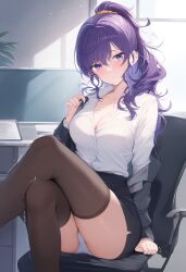 1girls ai_generated asahina_mafuyu ass big_breasts blush blush bra breasts breasts breasts breasts_out cleavage crossed_legs female female_focus female_only high_resolution highres legs looking_at_viewer panties pov project_sekai purple_eyes purple_hair sitting sitting_on_chair solo solo_female solo_focus suit thigh_highs thighhighs thighs tits_out