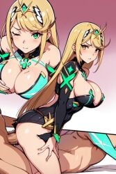 ai_generated big_breasts blonde_hair cleavage clothed clothed_sex clothing core_crystal long_hair looking_at_viewer multiple_views mythra mythra_(xenoblade) mythrafan65 reverse_cowgirl_position sex showing_breasts uncensored xenoblade_(series) xenoblade_chronicles_2