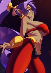 1girls arm_behind_head armpits big_breasts blue_eyes busty dark-skinned_female female female_only from_side hi_res jpeg large_breasts legs looking_at_viewer midriff muscular navel nnilaee pants ponytail pose posing purple_hair seductive seductive_smile sensual shantae shantae_(character) sideboob smile thighs underboob very_long_hair