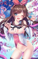 ;o a.i._channel artist_name bare_shoulders black_ribbon blue_eyes blue_sky blurry blush bottomless breasts breasts_out brown_hair censored cherry_blossoms cowboy_shot day depth_of_field detached_collar detached_sleeves female groin hair_ribbon heart heart-shaped_pupils heart_of_string highres kizuna_ai kizuna_ai_inc. long_hair long_sleeves looking_at_viewer medium_breasts mosaic_censoring multicolored_hair navel neck_ribbon nipples nose_blush one_eye_closed open_mouth outdoors pink_hair pink_ribbon ribbon round_teeth sky sleeves_past_wrists solo squchan standing stomach sweat symbol-shaped_pupils teeth tentacle thighs two-tone_hair vaginal_penetration virtual_youtuber water_drop wrist_grab