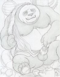 1boy 2017 anthro artist_name balls ballsack bear beefy black_fur body_fur bottomless clothed clothing clothing_aside cushion dudebulge erection foreskin foreskin_folds foreskin_pull furry_balls greyscale hi_res hybrid_penis intact kung_fu_panda li_shan male male_nipples male_only mammal masculine mature_male monochrome moobs mostly_nude_male musclegut muscles muscular_male overweight overweight_male panda partially_retracted_foreskin pecs pencil_(artwork) penis reclining scrotum sheath sheathed_humanoid_penis sitting solo spread_legs spreading teapot testicles traditional_media_(artwork) uncut ursid vein veiny_penis white_fur