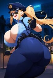 ai_generated blonde_hair cop crazy_eyes huge_ass huge_breasts night officer_val_(lubbasdump) police police_uniform policewoman sunglasses utility_belt wide_hips