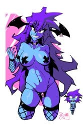 2girls abs bat_wings big_breasts blackwidow_apocalypse blue_body capslockcrush child_bearing_hips choker curvaceous curvy curvy_body curvy_female curvy_figure demon demon_girl english_text female female_only fit_female hips hourglass_figure inner_sideboob jealous jealous_female long_hair mourn’s_sister mourningstar multiple_girls official_art official_artist panties pasties piercing piercings purple_eyes purple_hair sharp_teeth sibling siblings sister sisters small_breasts text thick_thighs thighs underwear webcomic webtoon white_background