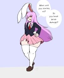 1girls 2d artist_name artist_signature big_breasts breasts bunny_ears bunny_girl bunny_tail clothed clothed_female female hand_on_hip hips hips_wider_than_shoulders humanoid insult insulting_viewer jacket long_hair looking_at_viewer necktie open_mouth pink_hair red_eyes reisen_udongein_inaba shirt shoes simple_background skirt solo source speech_bubble standing talking_to_viewer thick_thighs thighhighs thighs touhou unamused wide_hips zedrin