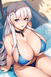 ai_generated azur_lane beach beach_towel belfast_(azur_lane) bikini blue_bikini blue_eyes chains choker collar evodubeai huge_breasts white_hair