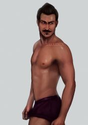 1boy abs artist_name artist_signature bara biceps black_hair dark-skinned_male dark_hair dark_skin dorian_pavus dragon_age dragon_age_inquisition facial_hair freckles gay_male human human_only mage male male_only moustache moustache muscles muscular muscular_male nipples pecs sakkemix shirtless shirtless_male solo solo_male standing standing_position underwear video_games