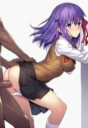 ai_generated ass ass_focus ass_grab big_breasts breasts censored dark-skinned_male doggy_style doggy_style_position faceless_male fate/stay_night fate_(series) kilhee matou_sakura medium_hair purple_hair sakura_matou school_uniform schoolgirl socks tagme ugly_bastard vaginal_penetration vaginal_sex