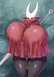 2b-ge 2b213 anthro arthropod between_breasts big_breasts black_body black_legs blush bodily_fluids breasts clothing cum curvy_figure dress duo eyelashes female genital_fluids glistening glistening_body green_background hi_res hidden_sex hollow_knight hollow_knight_(character) hornet_(hollow_knight) huge_breasts hyper hyper_breasts male male/female melee_weapon red_clothing red_dress sharing_clothing simple_background standing steam sword sword_on_back team_cherry thick_thighs voluptuous weapon white_head wide_hips