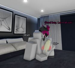 1boy 1girls 3d artist_request bed bedroom cum cum_on_penis dominant_female female femdom good_boy grey_skin handjob male male_on_female naked penis pink_hair roblox roblox_avatar robloxian source_request submissive_male tagme text