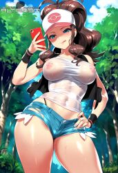 1girls ai_generated alterism big_breasts blue_eyes booty_shorts brown_hair cap curvy day female_focus fit fit_female forest hand_on_hip hilda_(pokemon) holding_phone jacket large_breasts licking_lips light-skinned_female light_skin long_hair looking_at_viewer naughty_face navel nipples open_clothes outdoors pokemon pokemon_bw ponytail posing see-through shiny_skin shorts standing sweat thick_thighs thighs thong trees white_shirt wide_hips