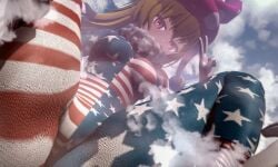 bigger_female bigger_than_mountain blonde_hair clownpiece giantess giantess_growth giga_giantess looking_at_viewer looking_down low_perspective macro_female micro_perspective serasphere skintight skintight_bodysuit touhou touhou_project